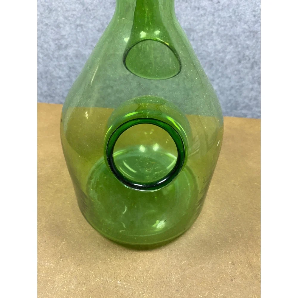 Vintage Green Hand Blown Glass Wine Decanter Porron with Ice Chamber and Stopper